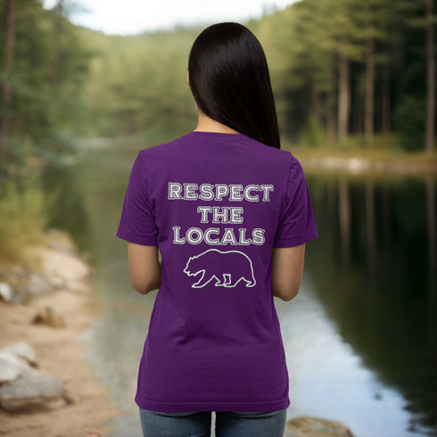 Introducing our latest camping t-shirt featuring a bear graphic and the empowering slogan "Respect The Locals".